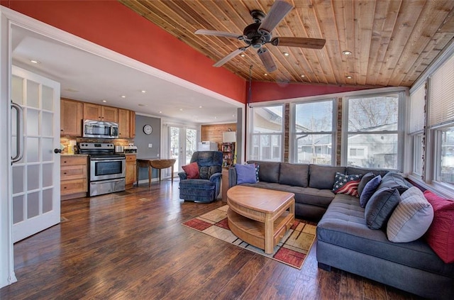 living room with wood ceiling, vaulted ceiling, dark hardwood / wood-style floors, and french doors