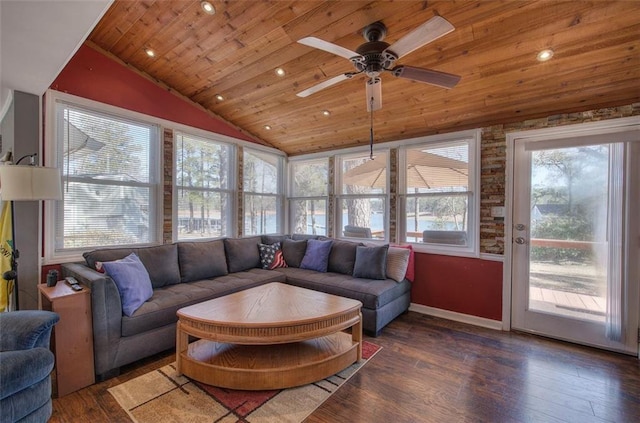 living room with vaulted ceiling, dark hardwood / wood-style floors, wooden ceiling, and ceiling fan