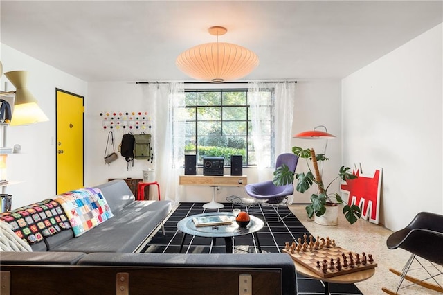 living room with speckled floor