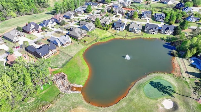 bird's eye view with a water view, a residential view, and golf course view