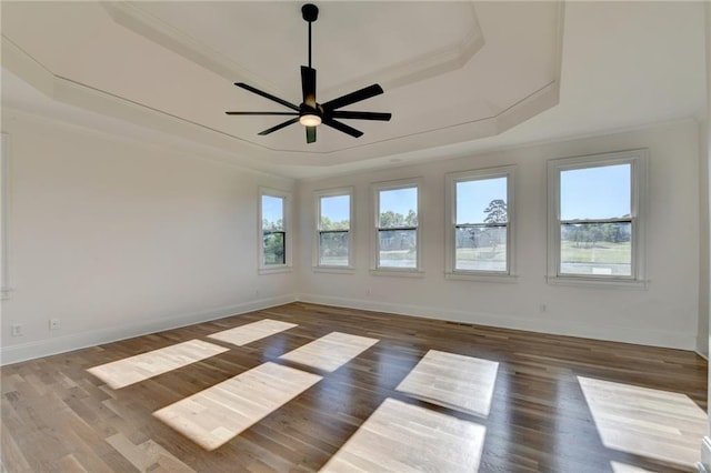 unfurnished room with baseboards, a tray ceiling, ornamental molding, and ceiling fan