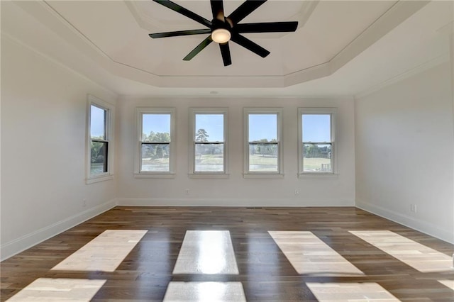 unfurnished room with a healthy amount of sunlight, baseboards, a tray ceiling, and wood finished floors