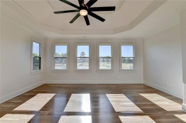 unfurnished room with a raised ceiling, plenty of natural light, ceiling fan, and dark wood-type flooring