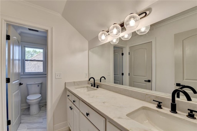 bathroom with a sink, visible vents, toilet, and marble finish floor