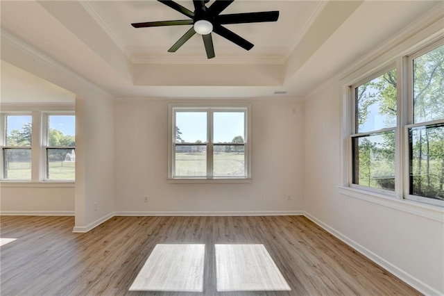 spare room featuring ceiling fan, light wood finished floors, a raised ceiling, baseboards, and ornamental molding