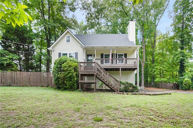 3021 Mills Ridge Dr, Canton, GA 30114 - back of house featuring stairway, a chimney, covered porch, and a shingled roof