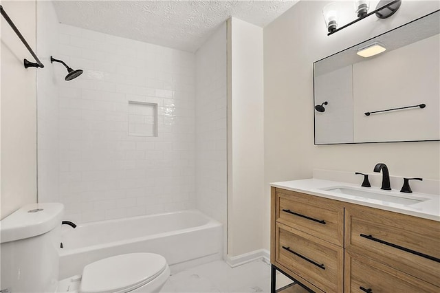 3021 Mills Ridge Dr, Canton, GA 30114 - bathroom with toilet, vanity, marble finish flooring,  shower combination, and a textured ceiling