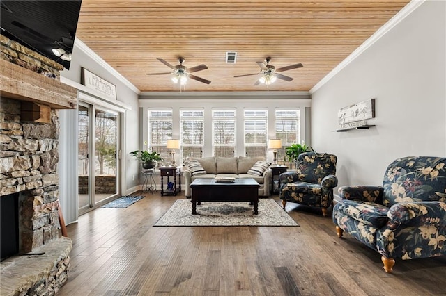 150 Crestview Rd, Jackson, GA 30233 - living room with ornamental molding, wooden ceiling, ceiling fan, wood finished floors, and a fireplace