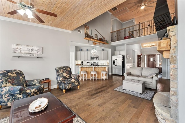 150 Crestview Rd, Jackson, GA 30233 - living room featuring a ceiling fan, wood ceiling, high vaulted ceiling, crown molding, and baseboards