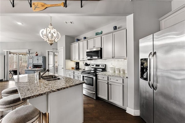 150 Crestview Rd, Jackson, GA 30233 - kitchen featuring appliances with stainless steel finishes, a sink, backsplash, a kitchen bar, and dark wood-style floors