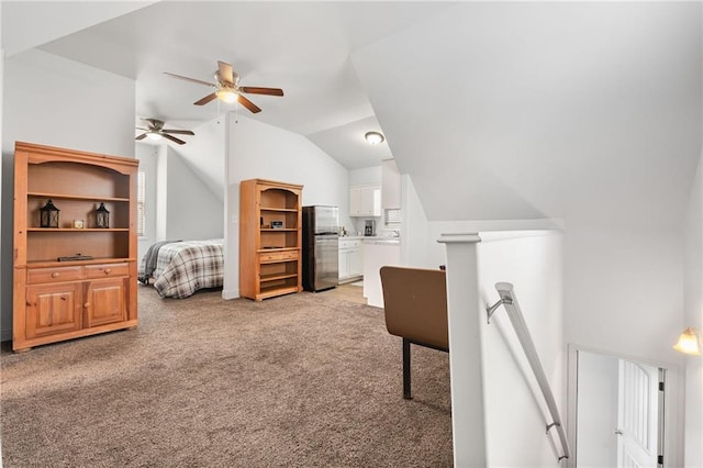 150 Crestview Rd, Jackson, GA 30233 - bedroom with freestanding refrigerator, light colored carpet, vaulted ceiling, and ceiling fan