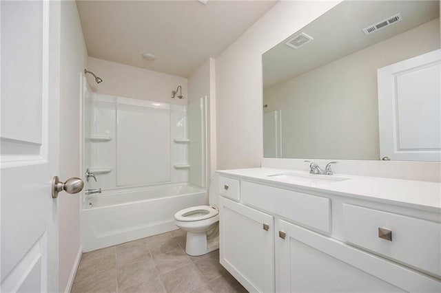 full bathroom featuring bathtub / shower combination, vanity, toilet, and tile patterned flooring