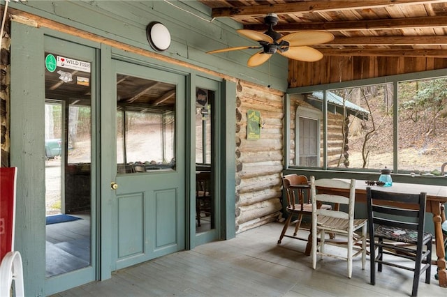 sunroom / solarium with wood ceiling, lofted ceiling with beams, and ceiling fan