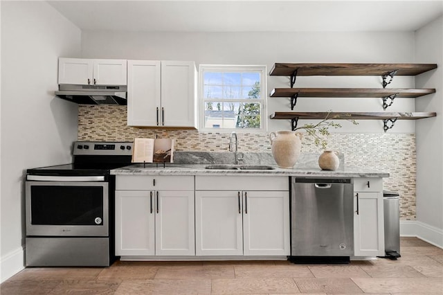 kitchen featuring tasteful backsplash, a sink, under cabinet range hood, appliances with stainless steel finishes, and open shelves