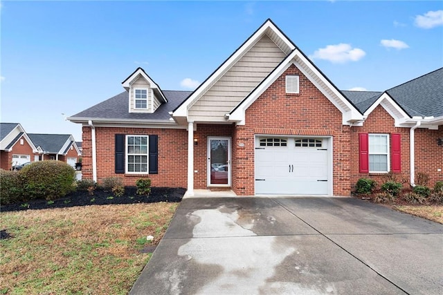 view of front of house with a garage, brick siding, concrete driveway, and a shingled roof