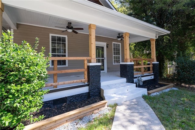 doorway to property with a ceiling fan and covered porch