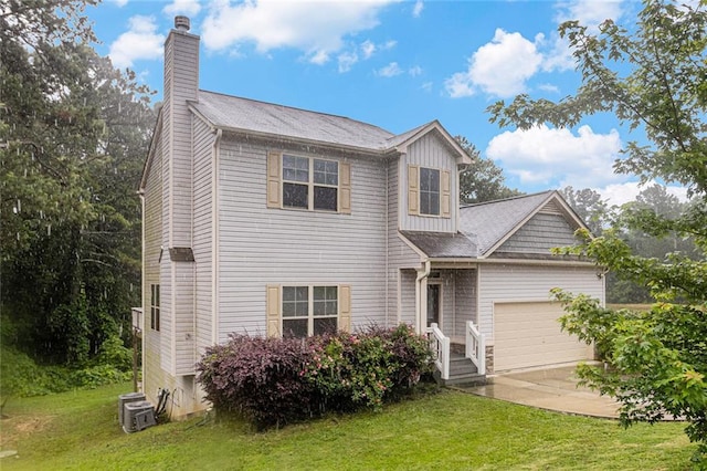 1549 Miller Valley Dr, Bethlehem, GA 30620 - view of front of property with a chimney, a front yard, a garage, concrete driveway, and central AC unit