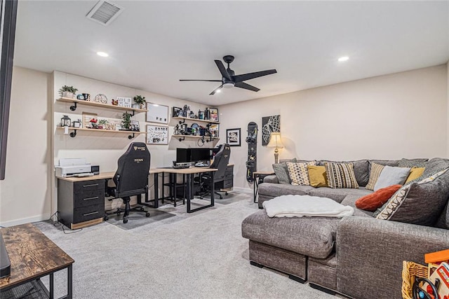 1549 Miller Valley Dr, Bethlehem, GA 30620 - home office with ceiling fan, light carpet, recessed lighting, and baseboards