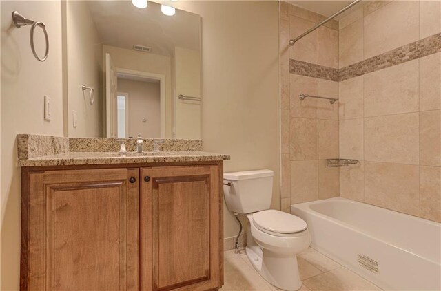 full bath featuring visible vents, toilet, shower / tub combination, tile patterned flooring, and vanity