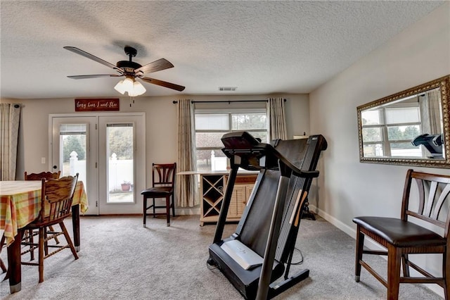 exercise room with light carpet, a textured ceiling, a wealth of natural light, and ceiling fan