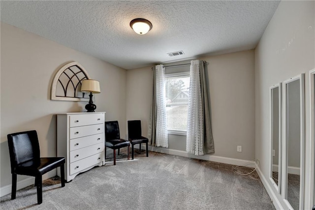 sitting room featuring carpet flooring and a textured ceiling