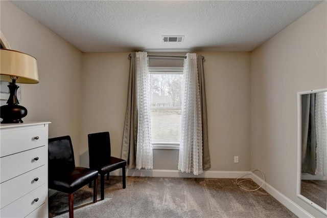 sitting room with carpet flooring and a textured ceiling