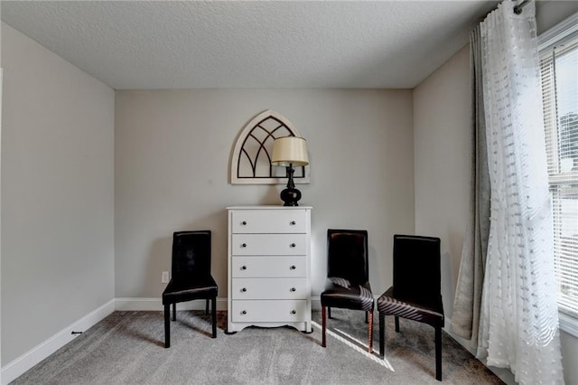 living area with light carpet and a textured ceiling