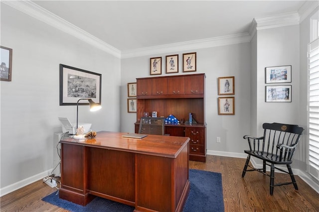 home office featuring crown molding, baseboards, and dark wood-type flooring