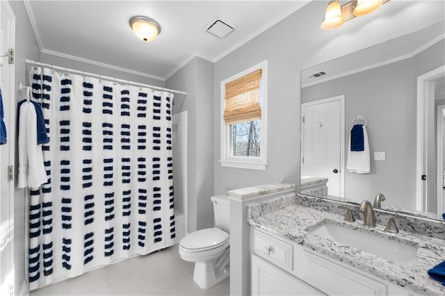 full bathroom with visible vents, toilet, ornamental molding, tile patterned floors, and vanity