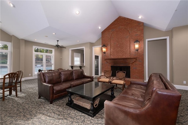 carpeted living area featuring vaulted ceiling, recessed lighting, a fireplace, and baseboards