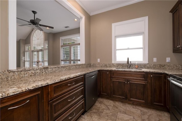 kitchen with electric range, dishwashing machine, light stone counters, dark brown cabinets, and a sink