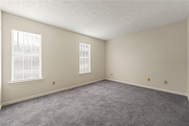 unfurnished room with baseboards, a textured ceiling, carpet flooring, and a healthy amount of sunlight