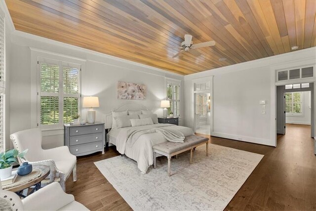 bedroom with ceiling fan, dark wood-type flooring, and wood ceiling