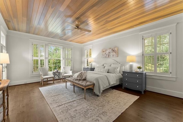 bedroom with ceiling fan, wooden ceiling, multiple windows, and dark wood-type flooring