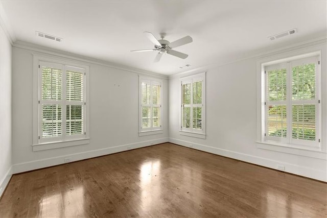 spare room with ceiling fan, a wealth of natural light, and crown molding