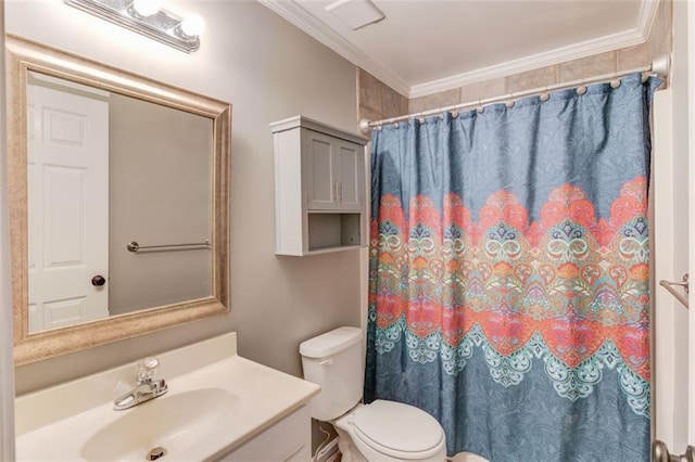 bathroom featuring toilet, vanity, ornamental molding, and a shower with shower curtain