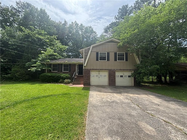 4135 Moore Rd, Conley, GA 30288 - tri-level home with an attached garage, concrete driveway, a gambrel roof, brick siding, and a front yard