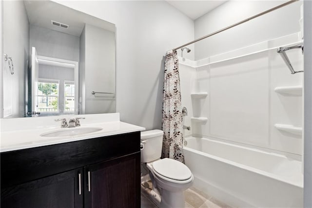 519 Magnolia Dr, Dawsonville, GA 30534 - full bathroom featuring toilet, vanity, shower / bathtub combination with curtain, and tile patterned flooring