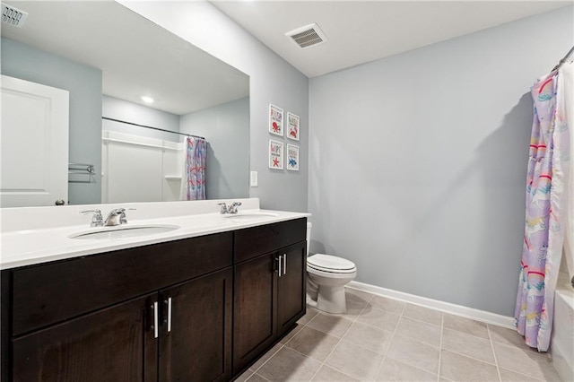 519 Magnolia Dr, Dawsonville, GA 30534 - full bathroom with double vanity, baseboards, toilet, shower / bathtub combination with curtain, and tile patterned floors