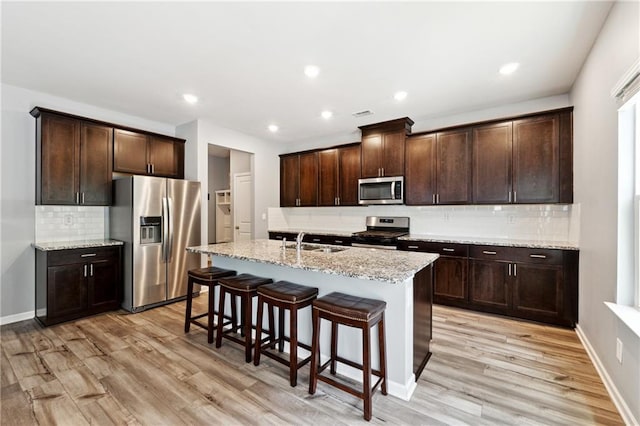 519 Magnolia Dr, Dawsonville, GA 30534 - kitchen featuring appliances with stainless steel finishes, a sink, tasteful backsplash, dark brown cabinets, and recessed lighting