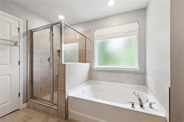 519 Magnolia Dr, Dawsonville, GA 30534 - full bathroom with a garden tub, a stall shower, tile patterned floors, and recessed lighting