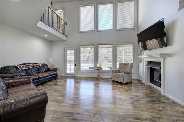 317 Shenandoah Dr NE, Calhoun, GA 30701 - living area featuring a high ceiling, wood finished floors, a fireplace, and baseboards