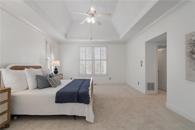 bedroom with visible vents, baseboards, carpet, lofted ceiling, and a ceiling fan