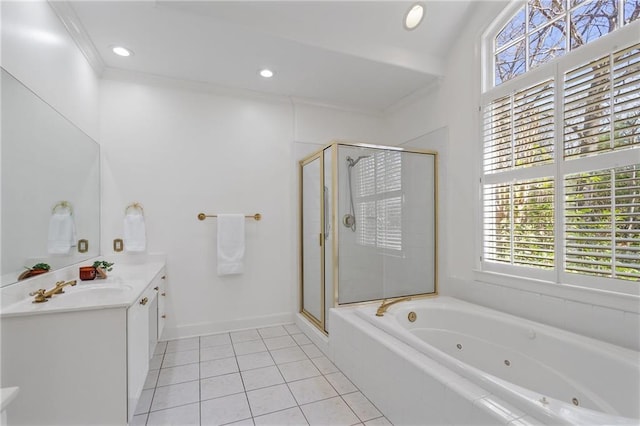 full bath with tile patterned flooring, a stall shower, vanity, and a whirlpool tub