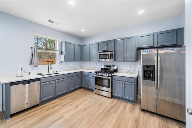 kitchen with light wood finished floors, visible vents, stainless steel appliances, light countertops, and a sink