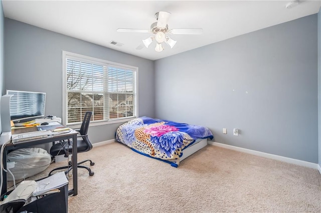 bedroom with a ceiling fan, carpet, visible vents, and baseboards