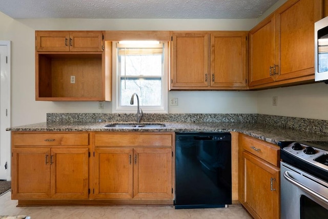kitchen with sink, dark stone countertops, electric range, and black dishwasher