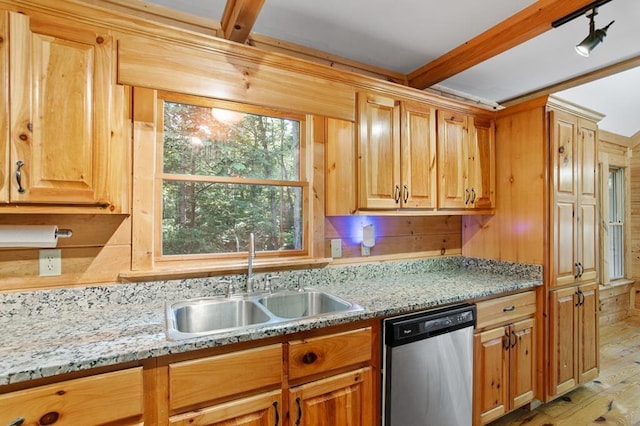 kitchen with light hardwood / wood-style floors, sink, stainless steel dishwasher, and light stone countertops