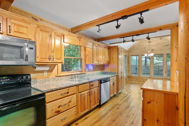 kitchen featuring a chandelier, stainless steel appliances, light wood-type flooring, sink, and lofted ceiling with beams