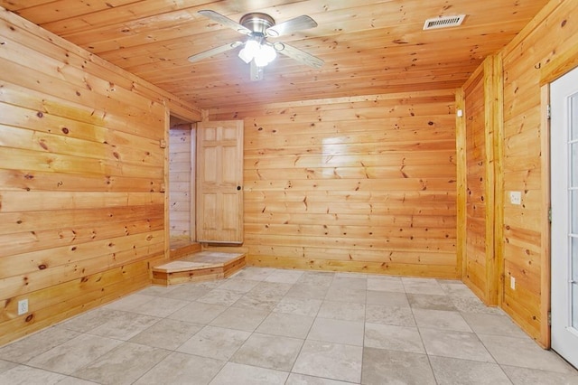 empty room with wood ceiling, ceiling fan, wooden walls, and light tile patterned floors